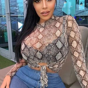 Mesh Snakeskin Print Tie-Front Top